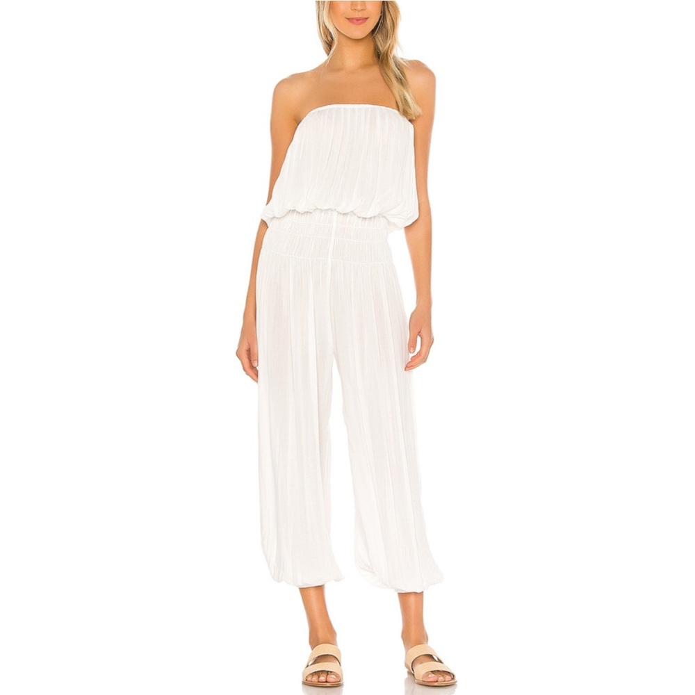 Indah Strapless Seychelle White Blouson Pleated Wide-Leg Jumpsuit